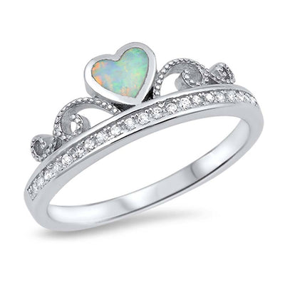 Sterling Silver Heart Crown Shape White Lab Opal Rings With CZ StonesAnd Face Height 7mm