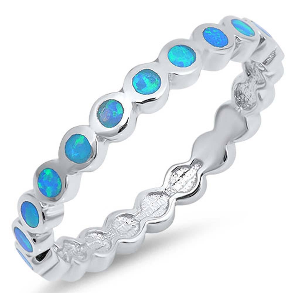 Sterling Silver Rounds Shape Blue Lab Opal RingsAnd Face Height 2mm