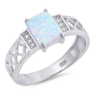 Sterling Silver Rectangle Shape White Lab Opal Rings With CZ StonesAnd Face Height 9mm