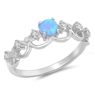 Sterling Silver Round Shape Light Blue Lab Opal Rings With CZ StonesAnd Face Height 6mm