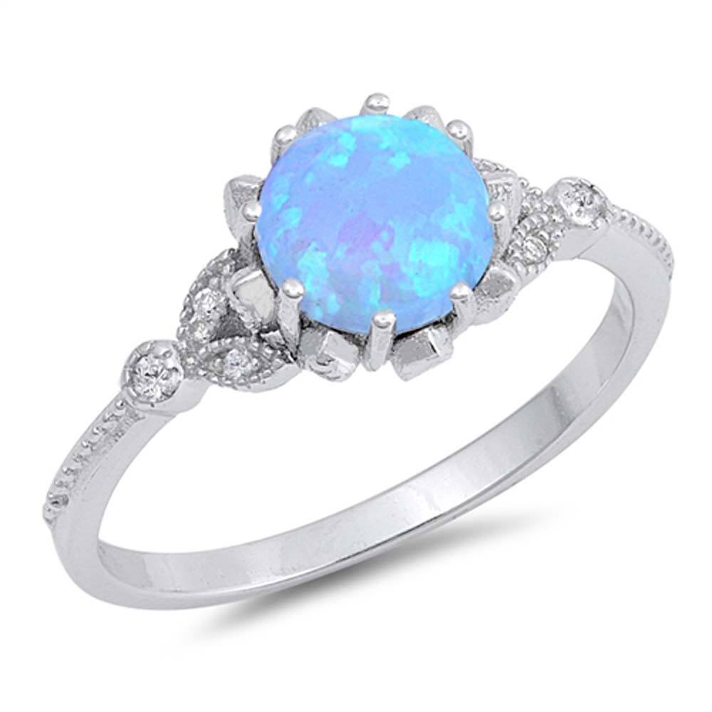 Sterling Silver Round Shape Light Blue Lab Opal Rings With CZ StonesAnd Face Height 9mm