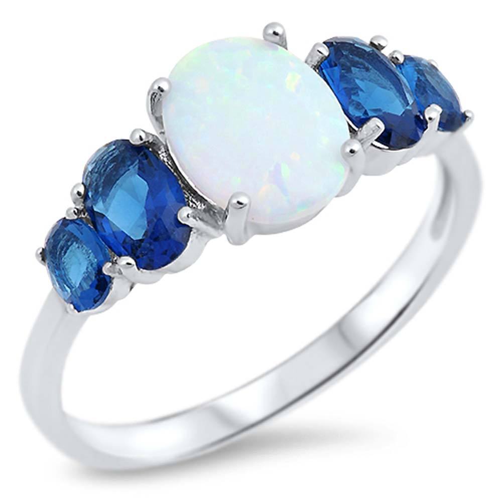 Sterling Silver Round Shape White Lab Opal Rings with Blue CZ Stone, Face Height 9mm
