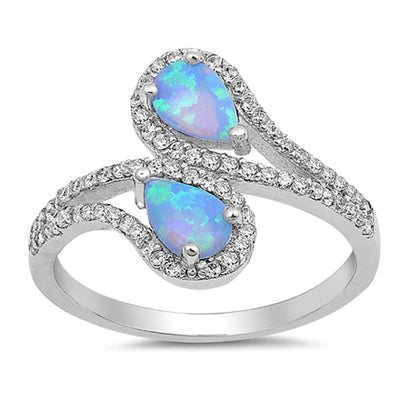 Sterling Silver Pear Shape Light Blue Lab Opal Rings With CZ StonesAnd Face Height 15mm