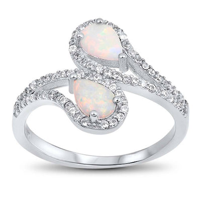 Sterling Silver Pear Shape White Lab Opal Rings With CZ StonesAnd Face Height 15mm