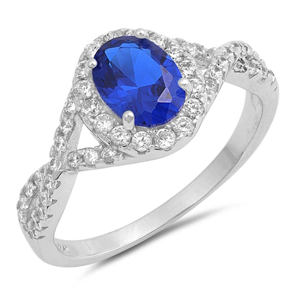 Sterling Silver Oval Shape Blue Sapphire with Clear CZ Stones Lab Opal Rings, Face Height 11mm