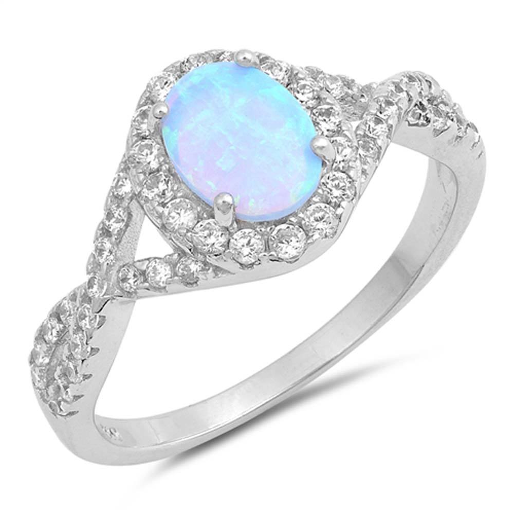 Sterling Silver Oval Shape Light Blue Lab Opal Rings with CZ Stones, Face Height 11mm