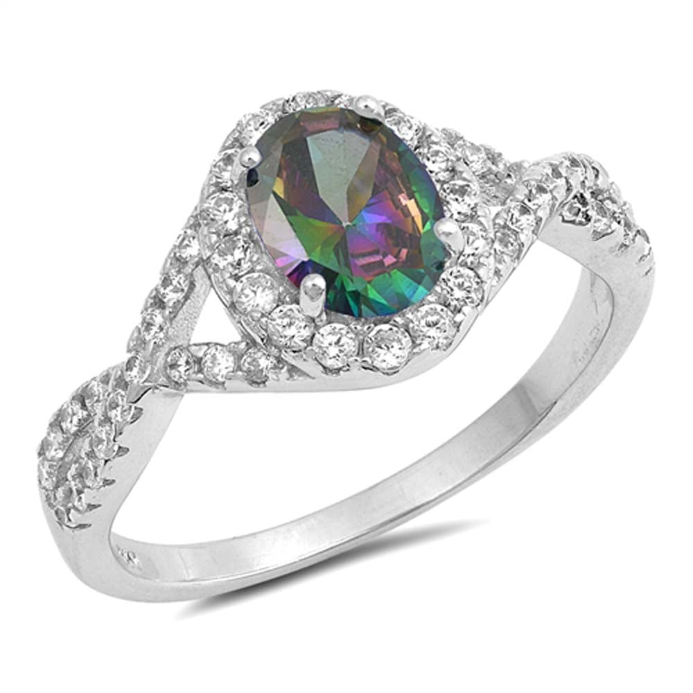 Sterling Silver Oval With Rainbow Topaz And Cubic Zirconia Ring