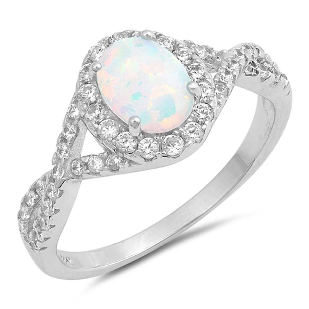 Sterling Silver Oval Shape White Lab Opal Rings with CZ Stones, Face Height 11mm