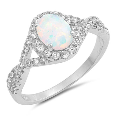 Sterling Silver Oval Shape White Lab Opal Rings With CZ StonesAnd Face Height 11mm