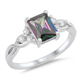 Sterling Silver Square With Rainbow Topaz And Cubic Zirconia Ring