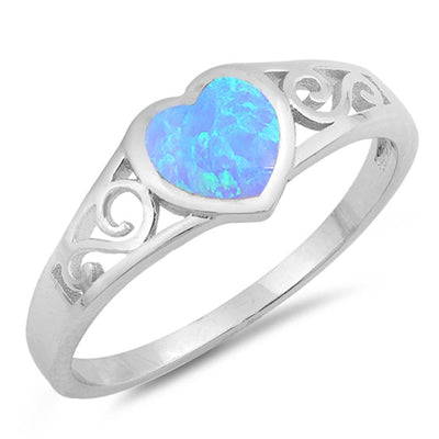Sterling Silver Heart Filigree Shaped Light Blue Lab Opal RingsAnd Face Height 7mm
