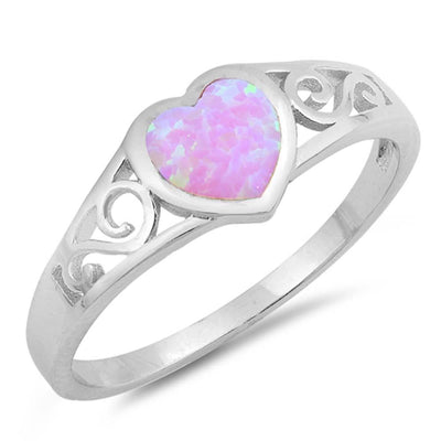 Sterling Silver Heart Filigree Shaped Pink Lab Opal RingsAnd Face Height 7mm