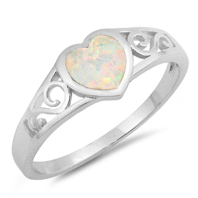 Sterling Silver Heart Filigree Shaped White Lab Opal RingsAnd Face Height 7mm