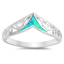 Load image into Gallery viewer, Sterling Silver V Filigree Shaped Blue Lab Opal RingsAnd Face Height 7mm