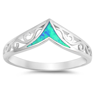 Sterling Silver V Filigree Shaped Blue Lab Opal RingsAnd Face Height 7mm
