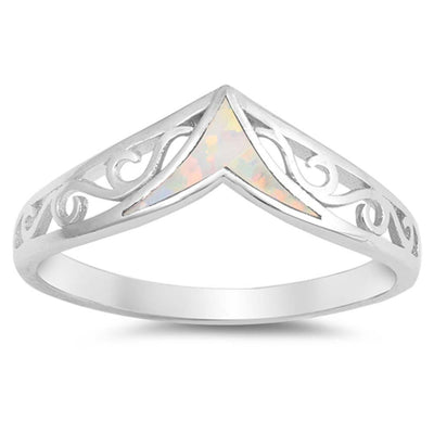 Sterling Silver V Filigree Shaped White Lab Opal RingsAnd Face Height 7mm