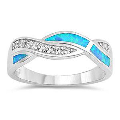 Sterling Silver Infinity Shaped Light Blue Lab Opal Rings With Clear CZ StonesAnd Face Height 5mm