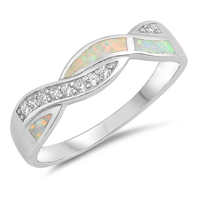 Sterling Silver Braid Shaped White Lab Opal Rings With CZ StonesAnd Face Height 5mm