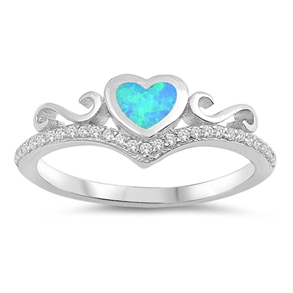 Sterling Silver Heart Shaped Light Blue Lab Opal Rings, Face Height 7mm