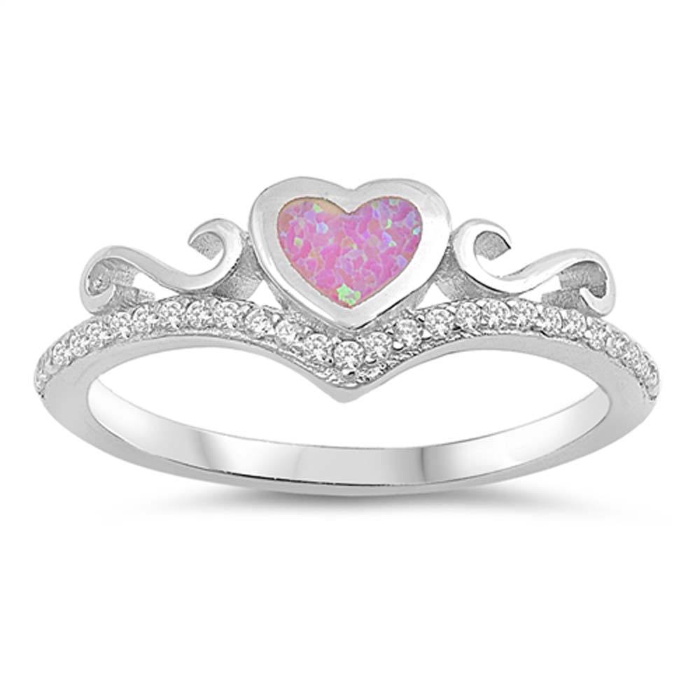 Sterling Silver Heart Shaped Pink Lab Opal Rings with CZ Stones, Face Height 7mm