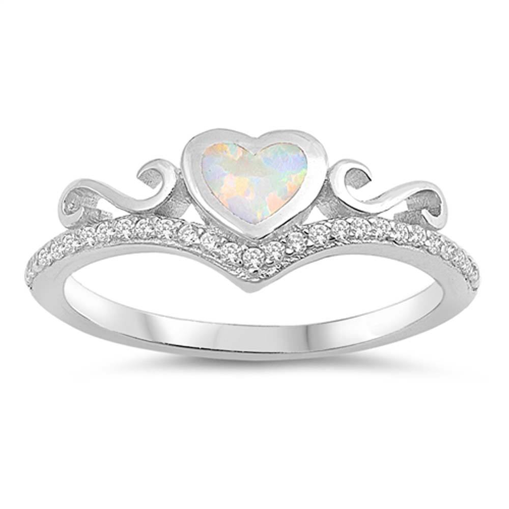 Sterling Silver Heart Shaped White Lab Opal Rings, Face Height 7mm