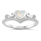 Sterling Silver Heart Shaped White Lab Opal RingsAnd Face Height 7mm