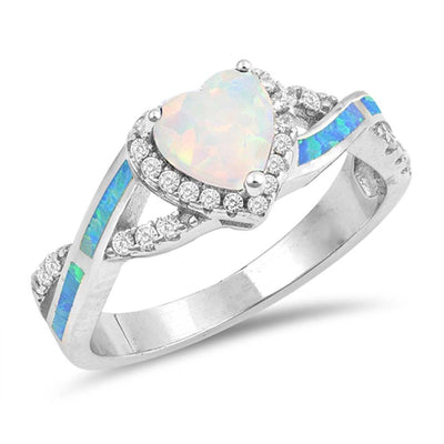 Sterling Silver Heart Shaped Light Blue/ White Opal and Clear CZ Lab Opal Ring