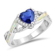 Load image into Gallery viewer, Sterling Silver Heart Shaped White Lab Opal Ring And Blue Sapphire With Clear CZ