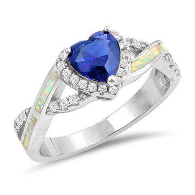 Sterling Silver Heart Shaped White Lab Opal Ring And Blue Sapphire With Clear CZ