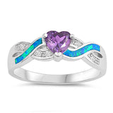 Sterling Silver Infinity Heart Blue Lab Opal Rings With Amethyst CZ StonesAnd Face Height 6mm