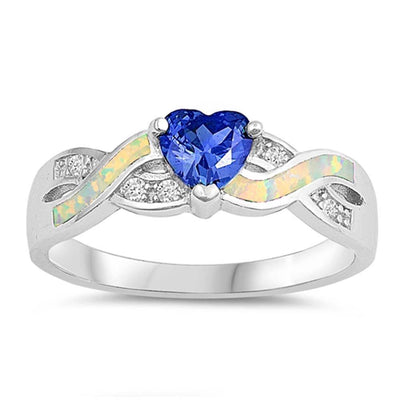 Sterling Silver Infinity Heart White Lab Opal Rings With Blue Sapphire CZ StonesAnd Face Height 6mm