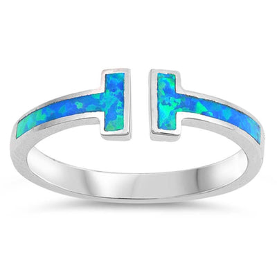 Sterling Silver Open Bar Shaped Blue Lab Opal Ring
