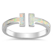 Load image into Gallery viewer, Sterling Silver Open Bar Shaped White Lab Opal Ring