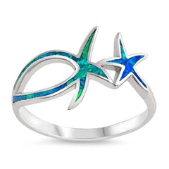 Sterling Silver Starfish Shaped Blue Lab Opal Ring
