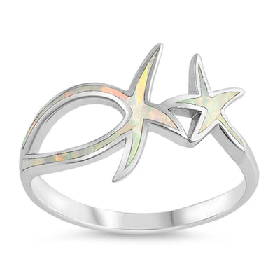 Sterling Silver Starfish Shaped White Lab Opal Ring