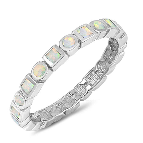 Sterling Silver Round Shaped White Lab Opal Ring