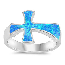 Load image into Gallery viewer, Sterling Silver Cross Shaped Blue Lab Opal Ring