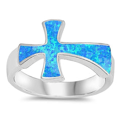Sterling Silver Cross Shaped Blue Lab Opal Ring