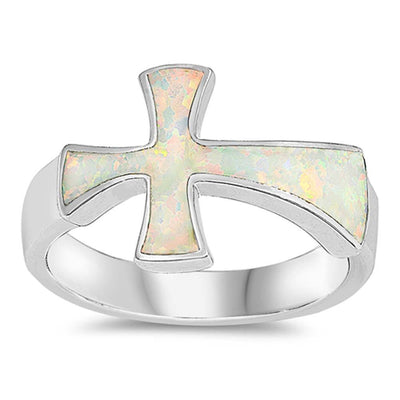 Sterling Silver Cross Shaped White Lab Opal Ring