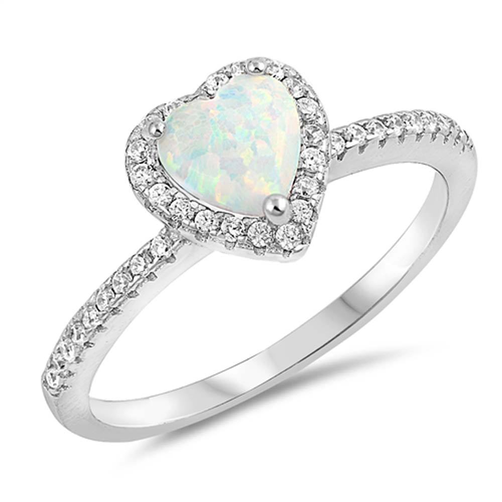 Sterling Silver Heart Shaped White Lab Opal Ring