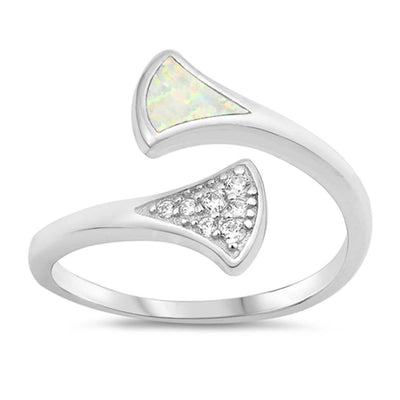 Sterling Silver Cone Shaped White Lab Opal Ring With CZ Stones