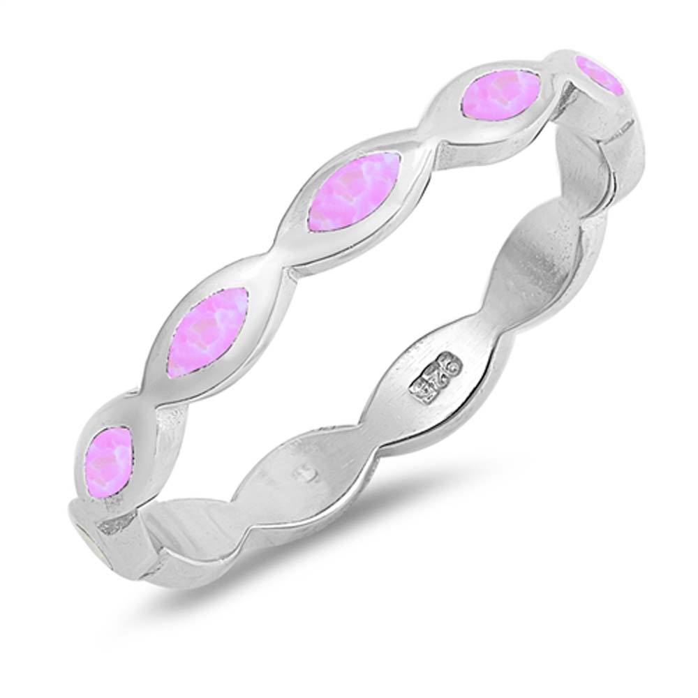Sterling Silver Marquise 3mm Band Shaped Pink Lab Opal Ring