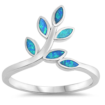 Sterling Silver Leaves Shaped Blue Lab Opal Ring