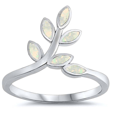 Sterling Silver Leaves Shaped White Lab Opal Ring