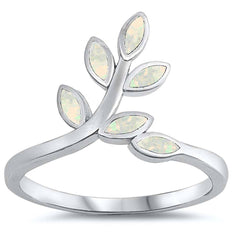 Sterling Silver Leaves Shaped White Lab Opal Ring