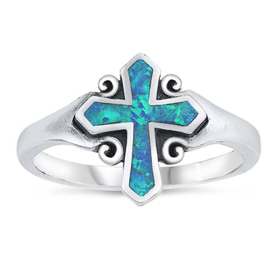 Sterling Silver Cross Shaped Blue Lab Opal Ring