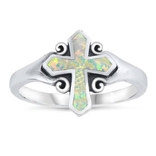 Load image into Gallery viewer, Sterling Silver White Lab Opal Cross Ring