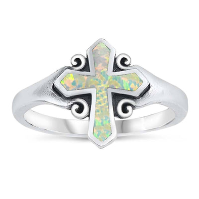 Sterling Silver White Lab Opal Cross Ring