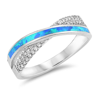 Sterling Silver Line Shaped Blue Lab Opal Ring With CZ Stones