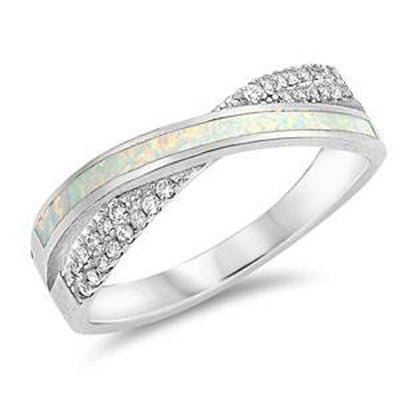 Sterling Silver Line Shaped White Lab Opal Ring With CZ Stones
